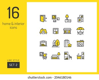 2 de tipo casa. Iconos lineales interiores y domésticos de dos colores a usar en aplicaciones web y móviles.