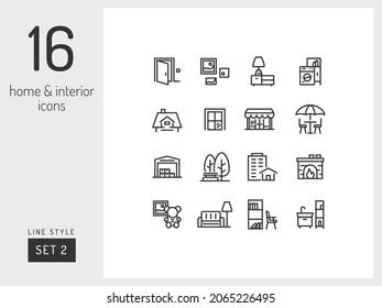 Set 2 of home room types on the white background. Home and interior linear icons to use in web and mobile app.