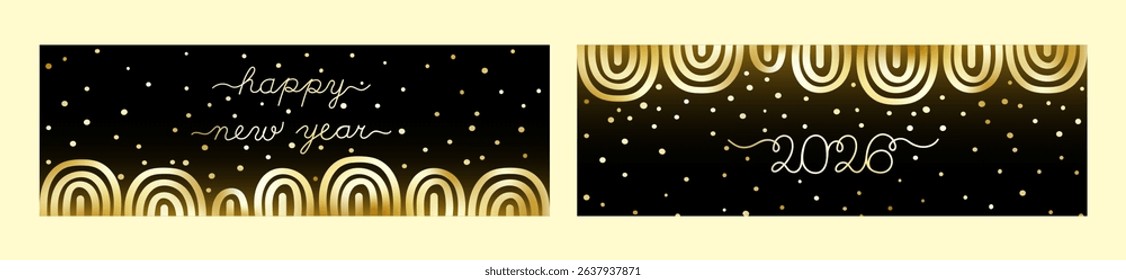 Set of 2 horizontal banners for New Year 2026. Features elegant handwritten text, golden dots, and hand-drawn arch patterns on a black background. Vector illustration.