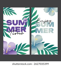 Set of 2 horizontal summer banners (1920x1080) with tropical Hawaiian flowers and leaves. Bright vector designs perfect for web headers, ads, social media, and summer promotions.
