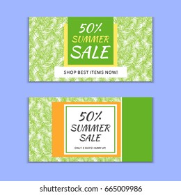 Set of 2 horizontal summer sale banners vector. Exotic palm leafs social media templates. Background for beach party card or vacation travel flyer.