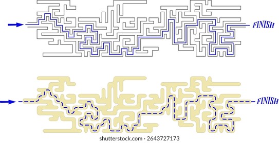 Set of 2 identical long labyrinths with start and finish. Maze of easy level of difficulty with solution. Nice brainstorm puzzle for kids and family