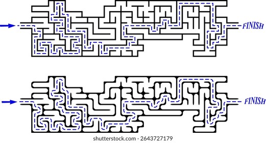 Set of 2 identical long labyrinths with start and finish. Maze of easy level of difficulty with solution. Nice brainstorm puzzle for kids and family