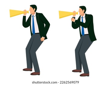 Conjunto de 2 ilustraciones de 8 hombres asiáticos de tamaño natural en una pose de grito con un megáfono, animando, megáfono, altavoz, gritando
