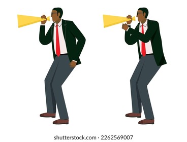 Set of 2 illustrations of 8 life-sized black men in a pose shouting with a megaphone, cheering, megaphone, loudspeaker, screaming