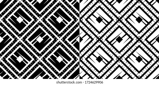 A set of 2 images. Black and white seamless background. Design with manual hatching. Ethnic boho ornament. Seamless background. Vector illustration for web design or print.