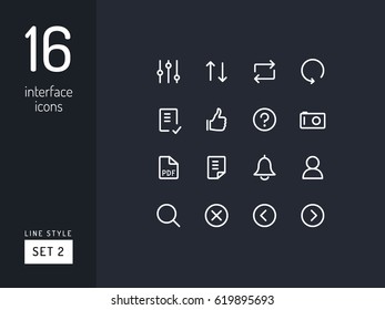 Set 2 of interface icons on the black background. Universal linear icons to use in web and mobile app.