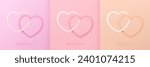 Set of 2 interlocking hearts in white, soft red and pink background. Minimal 3D vector illustration happy valentine