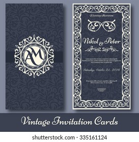 Set of 2 Invitation Cards, Luxury deep blue design Design decorative elements