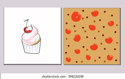 set of 2 isolated cards. hand drawn abstract background and cake