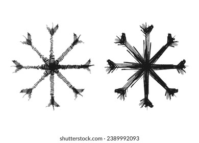 Set of 2 isolated hand drawn snowflakes. Design elements for Christmas, winter and New Year greeting