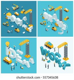 Set 2 Isometric concept, working people, construction equipment, excavator, truck, tractor, construction crane, a set of construction elements.