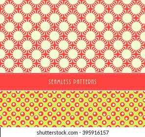 a set of 2 japanese style, coordinated, geometrical and dots, seamless patterns, in a fresh green  and red color palette