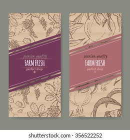 Set of 2 labels with grape and pomegranate branch. Placed on original cardboard texture. Includes hand drawn elements. 