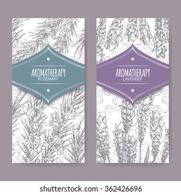 Set of 2 labels with lavender and rosemary on elegant lace background. Aromatherapy series. Great for traditional medicine, perfume design, cooking or gardening labels.