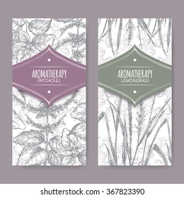 Set of 2 labels with lemongrass and patchouli on elegant lace background. Aromatherapy series. Great for traditional medicine, perfume design, cooking or gardening labels.