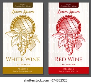 Set of 2 labels for white and red wine on a light background with an image of a wine barrel and a bunch of grapes with leaves