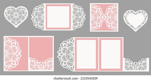 Set von 2 Spitzen Hochzeitseinladungskarten Vorlagen 5x5 und 5x7 mit Papier Herz-Vektorgrafik-Designs für Schneiden und Handwerk.