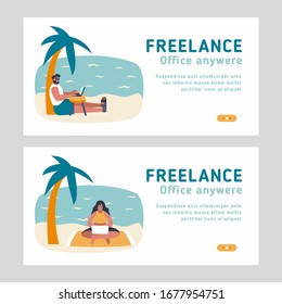 Set of 2 landing pages for freelance topic. Man and woman working with laptops from sand beach at vacation. Working from any place vector flat concept illustration.