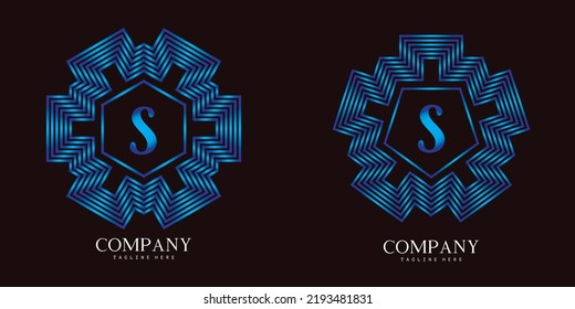 Set of 2 letter S logo with concentric polygonal art deco frames from gradient parallel lines for logo design. You can replace with initial logotype for company or personal branding. 