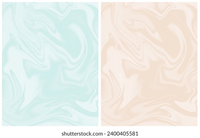 Set of 2 Light Blue and Beige Marbled Vector Layouts. Delicate Abstract Blurry Wavy Lines. Water Waves-like Pastel Blue and Light Brown Backround. No Background. No text. Abstract Blurry Marble Print.