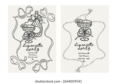 Set of 2 limoncello spritz recipe cards: cocktails with bottle, glass and floral elements. Great for kitchen decor or drink menus. Vector illustration.