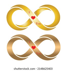 Set of 2 I love you this much text and red heart shape over infinity gold and copper symbol, isolated on white background.