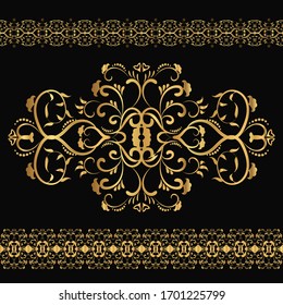 Set of 2 luxury borders and logo. Vector template for workpiece for your design. Illustration of a gold tracery element on a black background. Foil stamping.