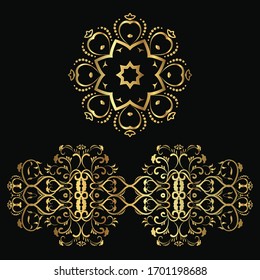 Conjunto de 2 logotipos de lujo. Plantilla vectorial para logotipos, portadas de libros, tarjetas de visita, creación de identidad corporativa. Ilustración de un elemento de tracería de oro sobre un fondo negro. Estampación de aceite
