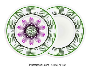 Set of 2 matching decorative plates for interior design. Porcelain plate with mandala ornament. Vector illustration. Isolated. Round geometric floral pattern. Interior decoration, home decor element.