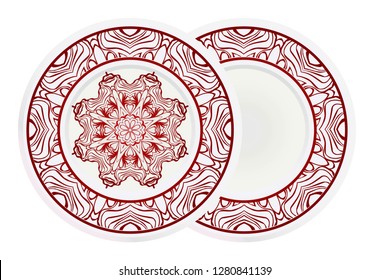 Set of 2 matching decorative plates for interior design. Empty dish, porcelain plate mock up design. Vector illustration. Decorative plates with Mandala ornament patterns. Home decor background