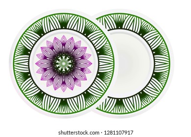 Set of 2 matching decorative plates for interior design. Porcelain plate with mandala ornament. Vector illustration. Isolated. Round geometric floral pattern. Interior decoration, home decor element.