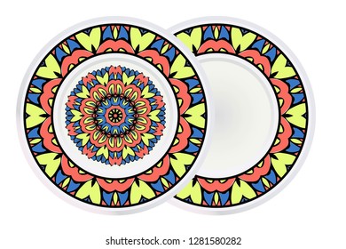 Set of 2 matching decorative plates for interior design. Porcelain plate with mandala ornament. Vector illustration. Isolated. Round geometric floral pattern. Interior decoration, home decor element.
