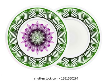 Set of 2 matching decorative plates for interior design. Empty dish, porcelain plate mock up design. Vector illustration. Decorative plates with Mandala ornament patterns. Home decor background