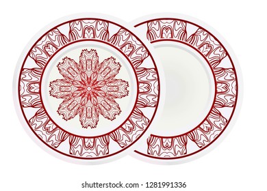 Set of 2 matching decorative plates for interior design. Empty dish, porcelain plate mock up design. Vector illustration. Decorative plates with Mandala ornament patterns. Home decor background