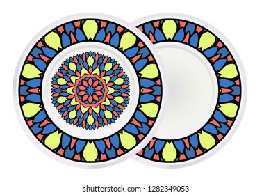 Set of 2 matching decorative plates for interior design. Empty dish, porcelain plate mock up design. Vector illustration. Decorative plates with Mandala ornament patterns. Home decor background