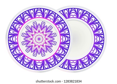 Set of 2 matching decorative plates for interior design with mandala floral ornament. Empty dish, porcelain plate mock up design. Vector illustration. Purple gradient color.