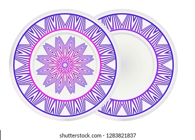 Set of 2 matching decorative plates for interior design with mandala floral ornament. Empty dish, porcelain plate mock up design. Vector illustration. Purple gradient color.