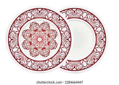 Set of 2 matching decorative plates for interior design. Empty dish, porcelain plate mock up design. Vector illustration. Decorative plates with Mandala ornament patterns. Home decor background