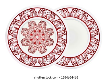 Set of 2 matching decorative plates for interior design. Porcelain plate with mandala ornament. Vector illustration. Isolated. Round geometric floral pattern. Interior decoration, home decor element.