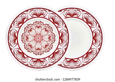 Set of 2 matching decorative plates for interior design. Tribal ethnic ornament with mandala. Home decor vector illustration