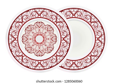 Set of 2 matching decorative plates for interior design. Porcelain plate with mandala ornament. Vector illustration. Isolated. Round geometric floral pattern. Interior decoration, home decor element.