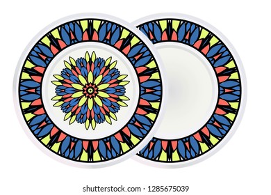 Set of 2 matching decorative plates for interior design. Porcelain plate with mandala ornament. Vector illustration. Isolated. Round geometric floral pattern. Interior decoration, home decor element.
