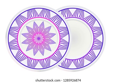Set of 2 matching decorative plates for interior design with mandala floral ornament. Empty dish, porcelain plate mock up design. Vector illustration. Purple gradient color.