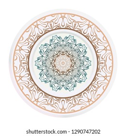 Set of 2 matching decorative plates for interior design. Empty dish, porcelain plate mock up design. Vector illustration. Decorative plates with Mandala ornament patterns. Home decor background