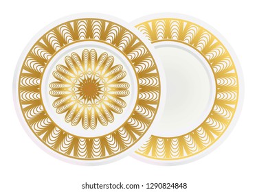 Set of 2 matching decorative plates for interior design. Empty dish, porcelain plate mock up design. Vector illustration. Decorative plates with Mandala ornament patterns. Home decor background