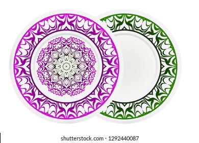 Set of 2 matching decorative plates for interior design. Empty dish, porcelain plate mock up design. Vector illustration. Decorative plates with Mandala ornament patterns. Home decor background