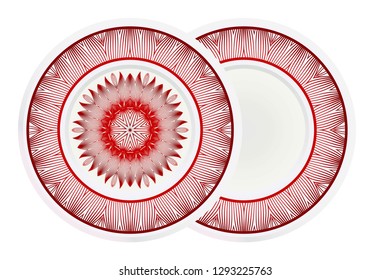 Set of 2 matching decorative plates for interior design. Empty dish, porcelain plate mock up design. Vector illustration. Decorative plates with Mandala ornament patterns. Home decor background