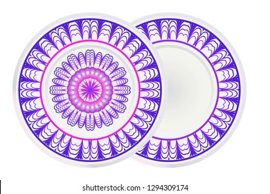 Set of 2 matching decorative plates for interior design with mandala floral ornament. Empty dish, porcelain plate mock up design. Vector illustration. Purple gradient color.