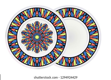 Set of 2 matching decorative plates for interior design. Tribal ethnic ornament with mandala. Home decor vector illustration